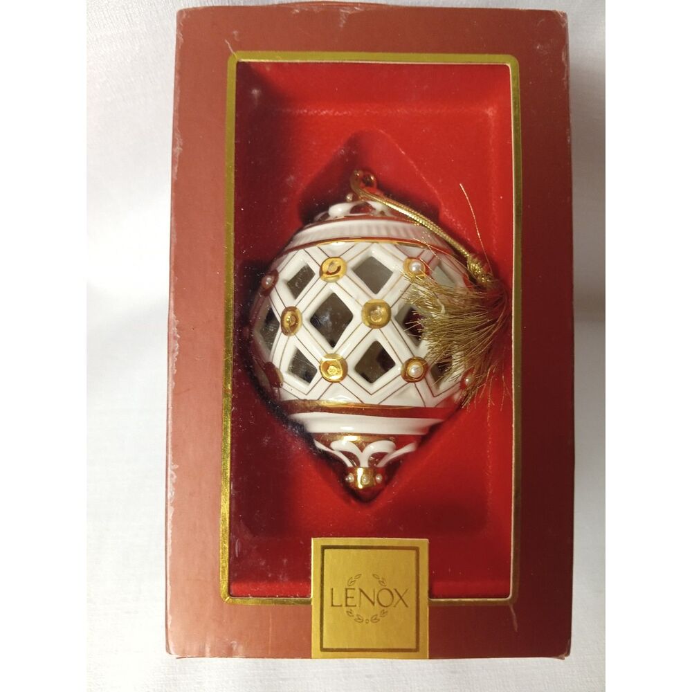 Lenox Florentine Ball Christmas Ornament Red Gold Jeweled Original Box